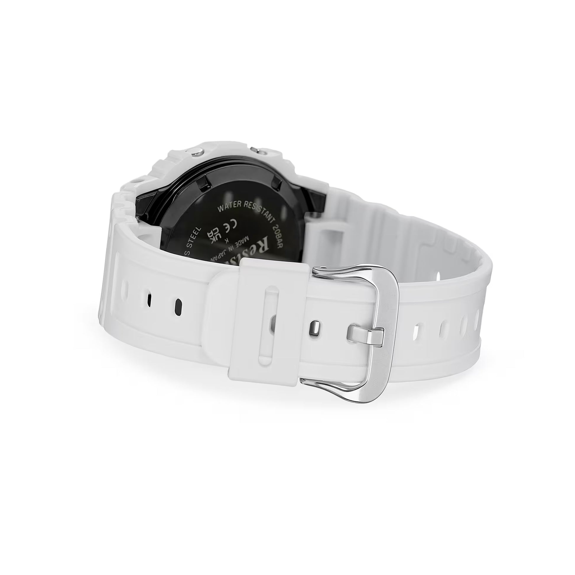 White smartwatch with a black display on a white background