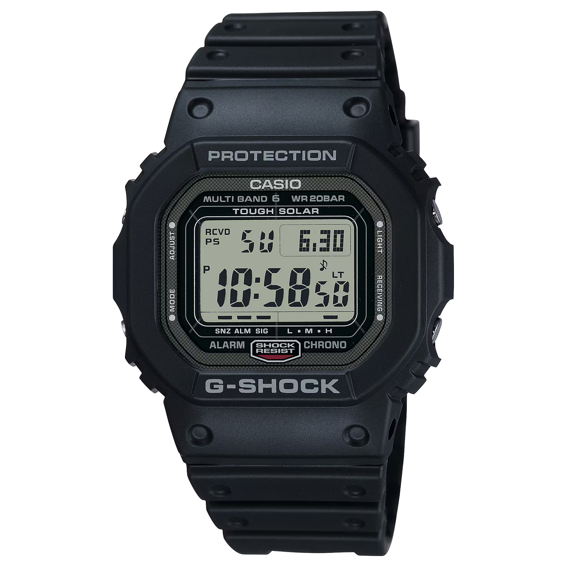 G-SHOCK GW5000U-1 5000 Series digital watch with stainless steel core, black resin band, Tough Solar, Multi Band 6 radio-controlled timekeeping, and classic square design.