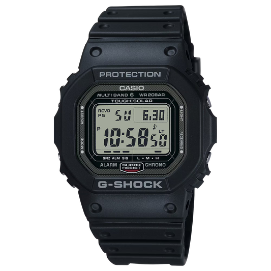 G-SHOCK GW5000U-1 5000 Series digital watch with stainless steel core, black resin band, Tough Solar, Multi Band 6 radio-controlled timekeeping, and classic square design.