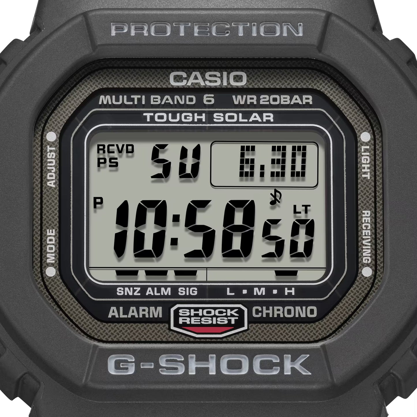 Casio G-Shock digital watch with black casing on a white background