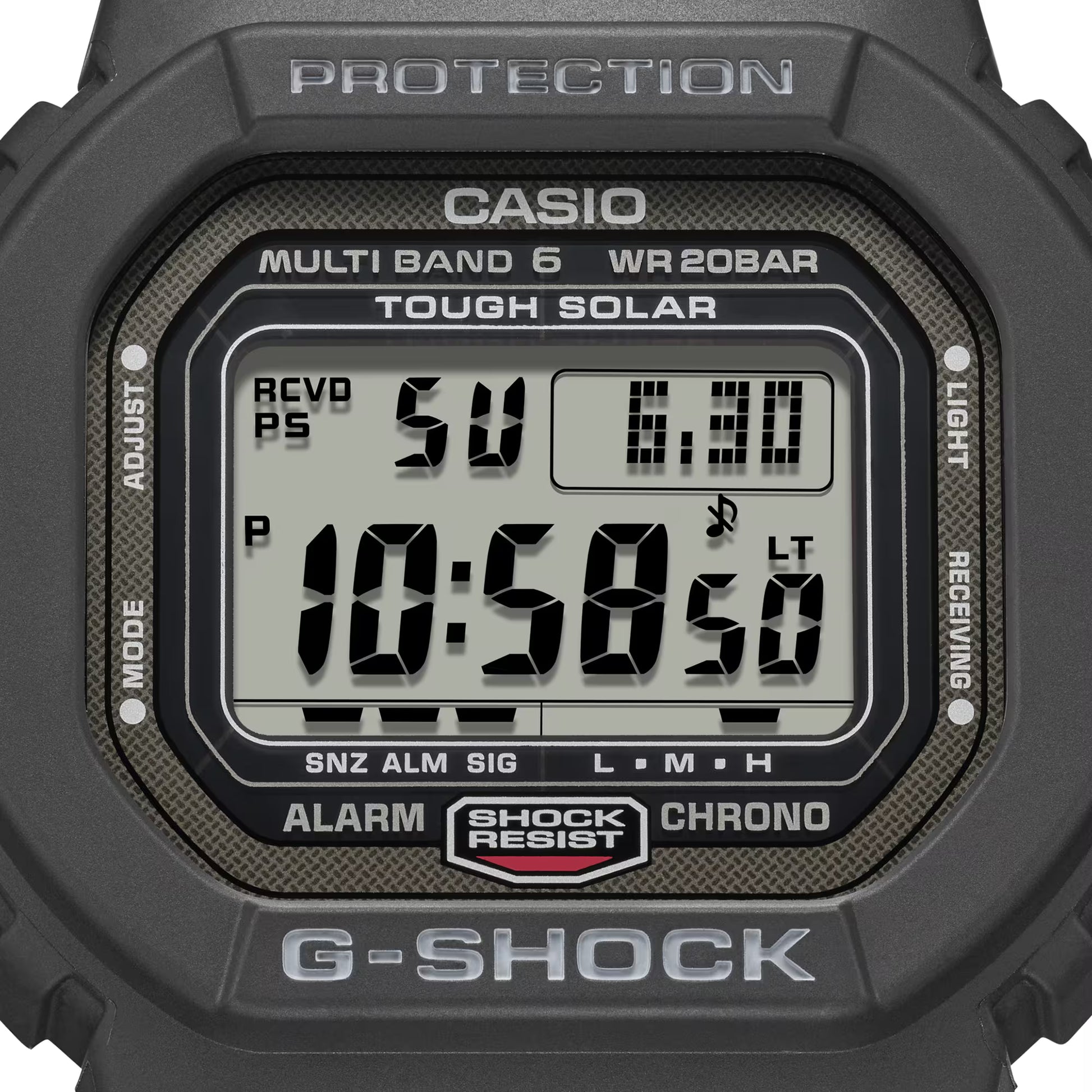 Casio G-Shock digital watch with black casing on a white background