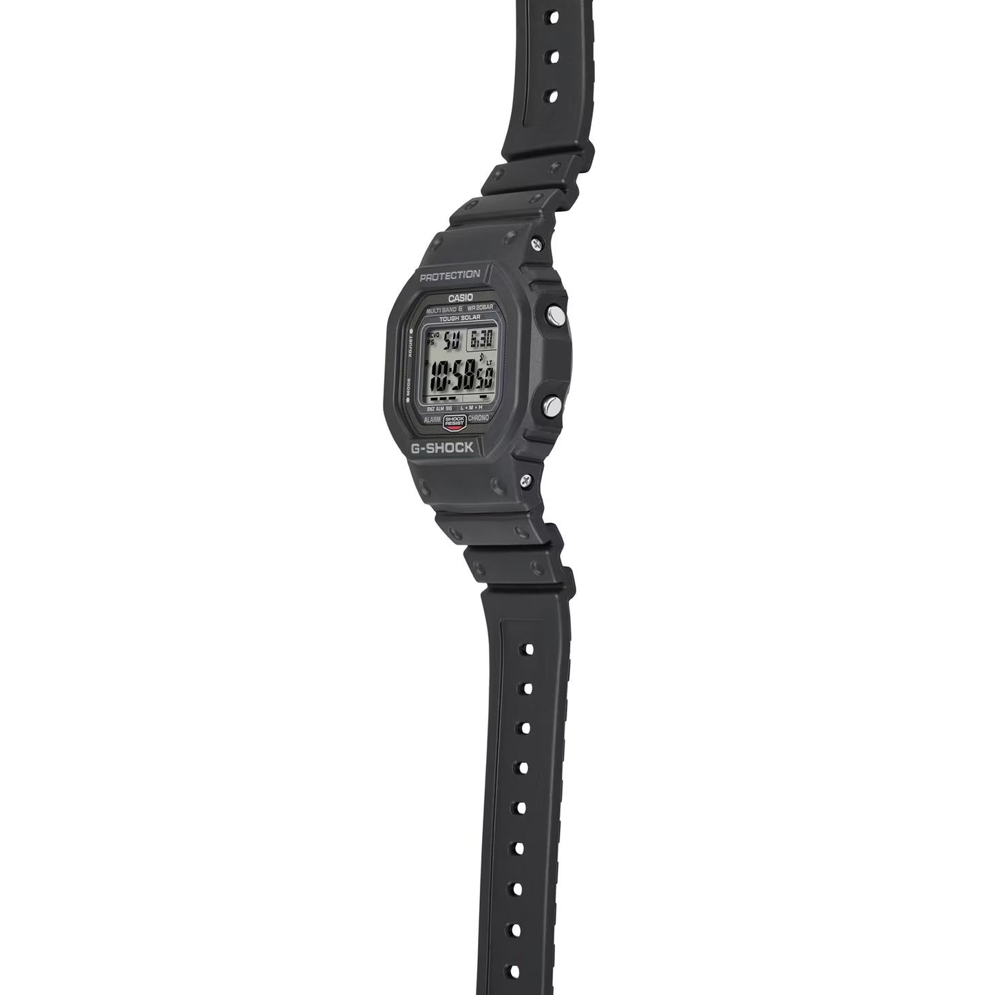 Black digital watch with a strap on a white background