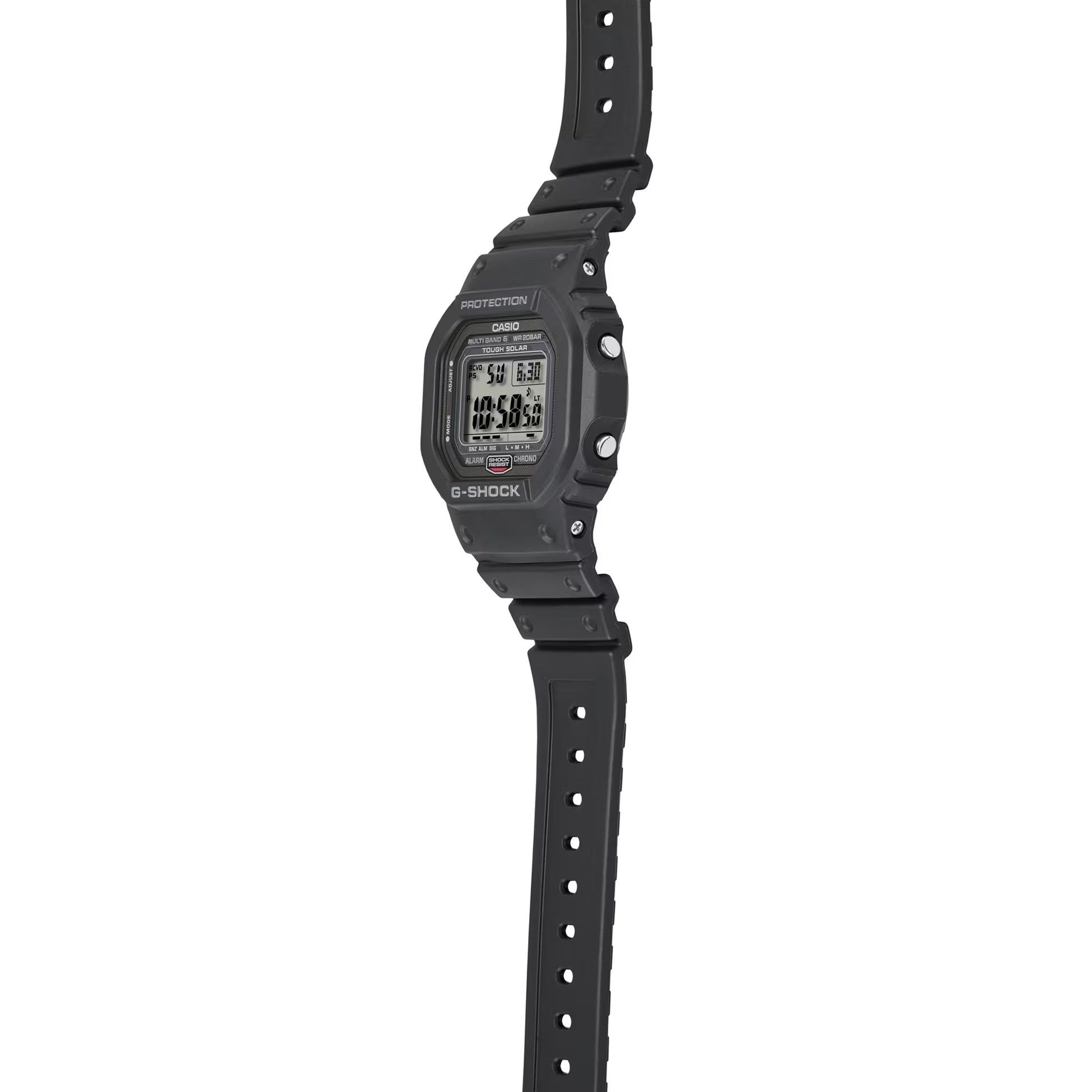 Black digital watch with a strap on a white background