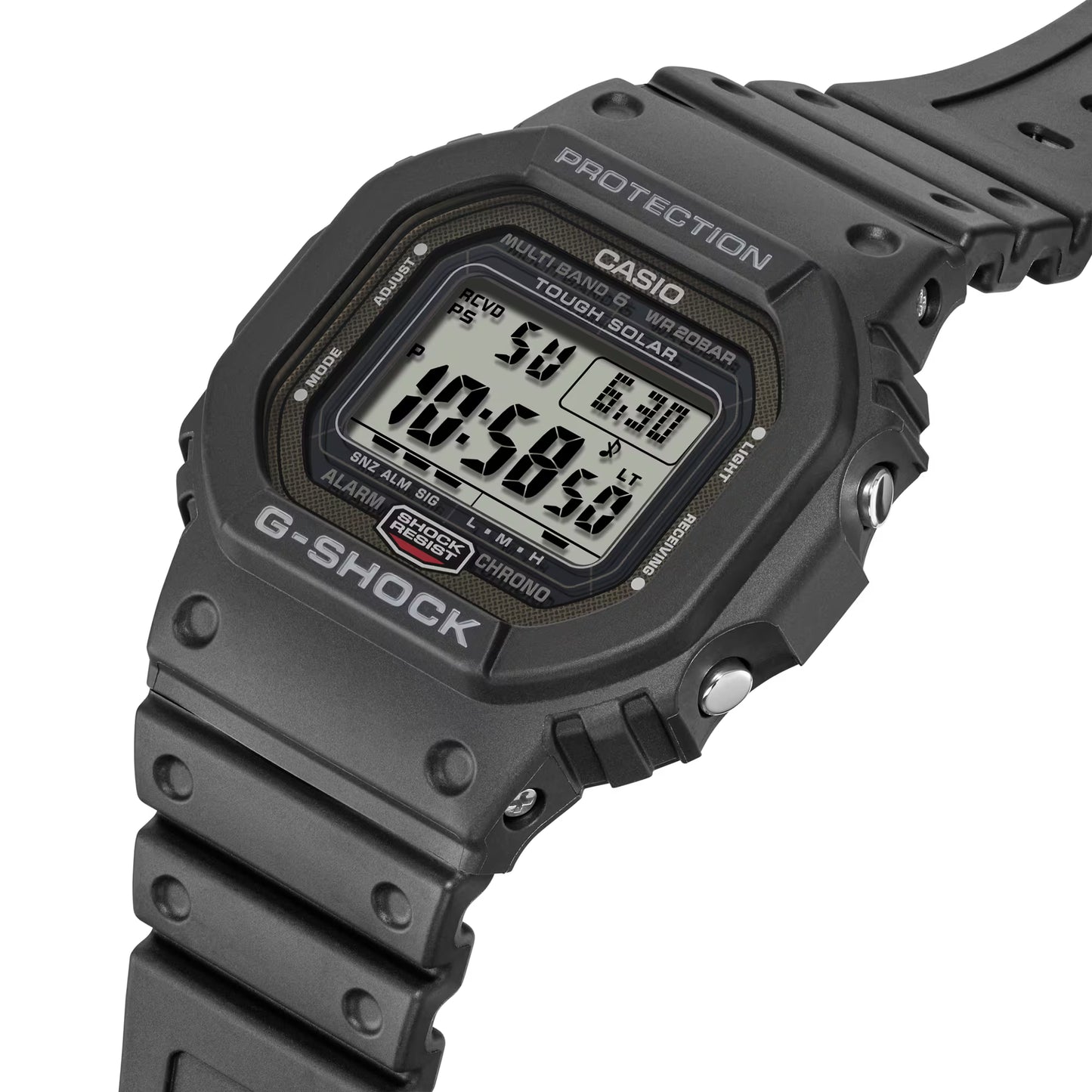 Black Casio G-Shock digital watch on a white background