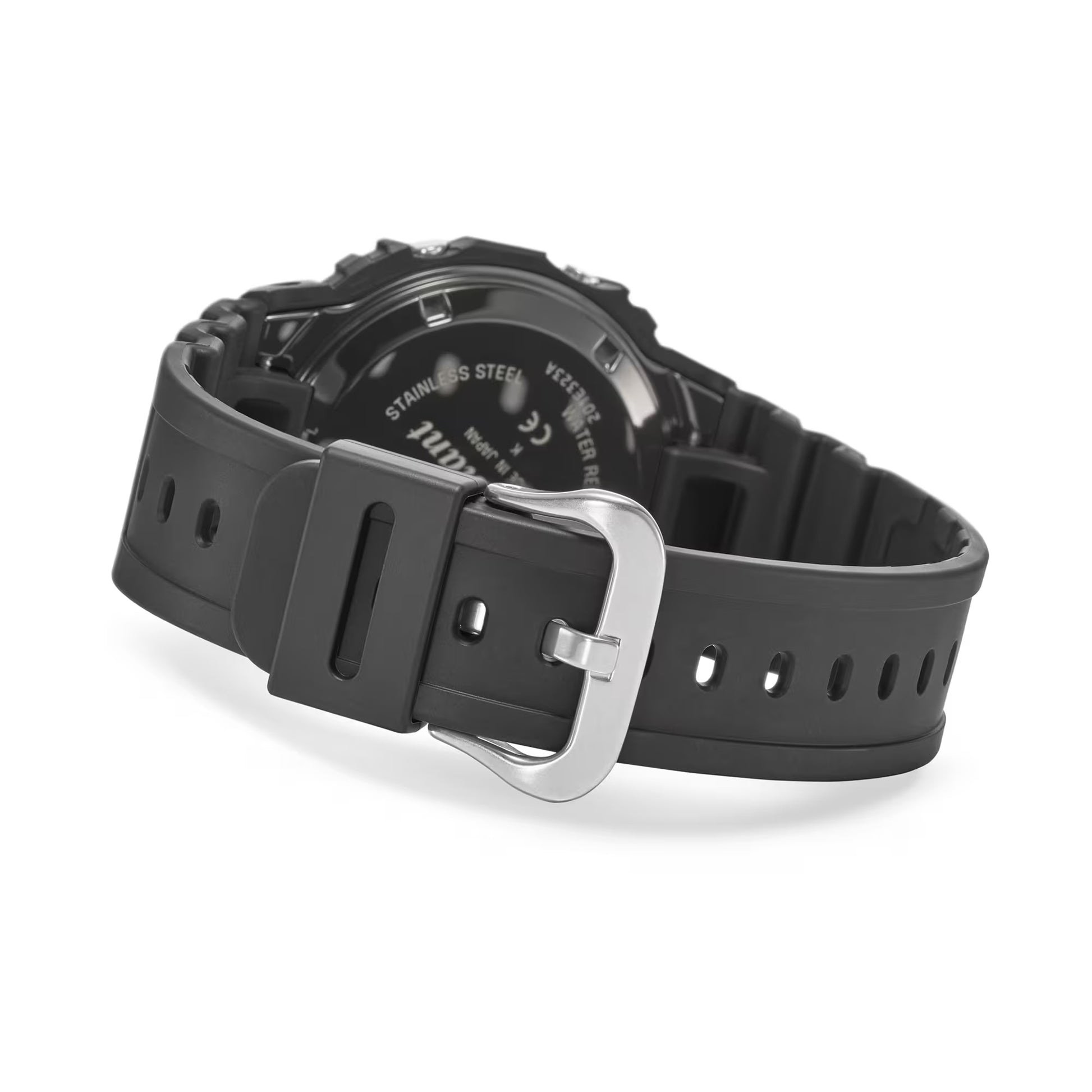 Black watch with a silver buckle on a white background