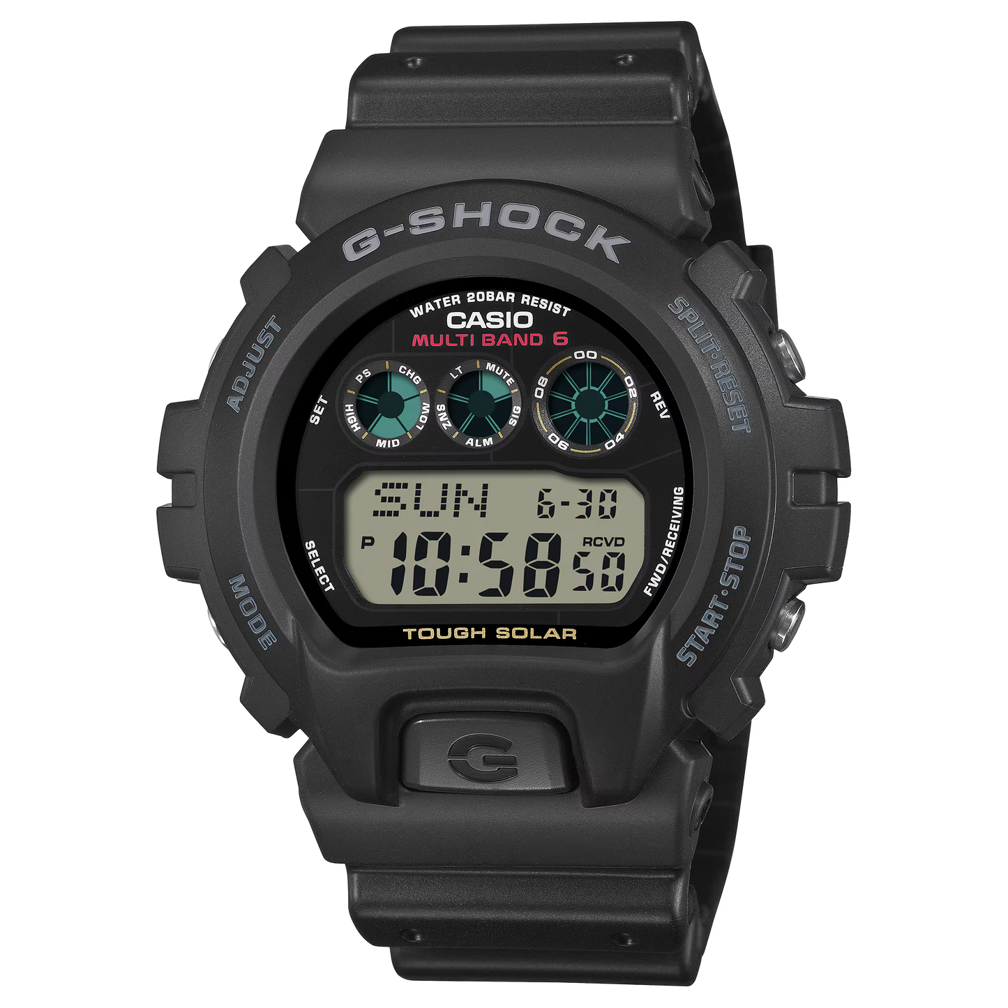 G-SHOCK GW6900U-1 6900 Series digital watch with black resin case and band, Tough Solar, Multi Band 6 radio-controlled timekeeping, and iconic round triple-graph design.
