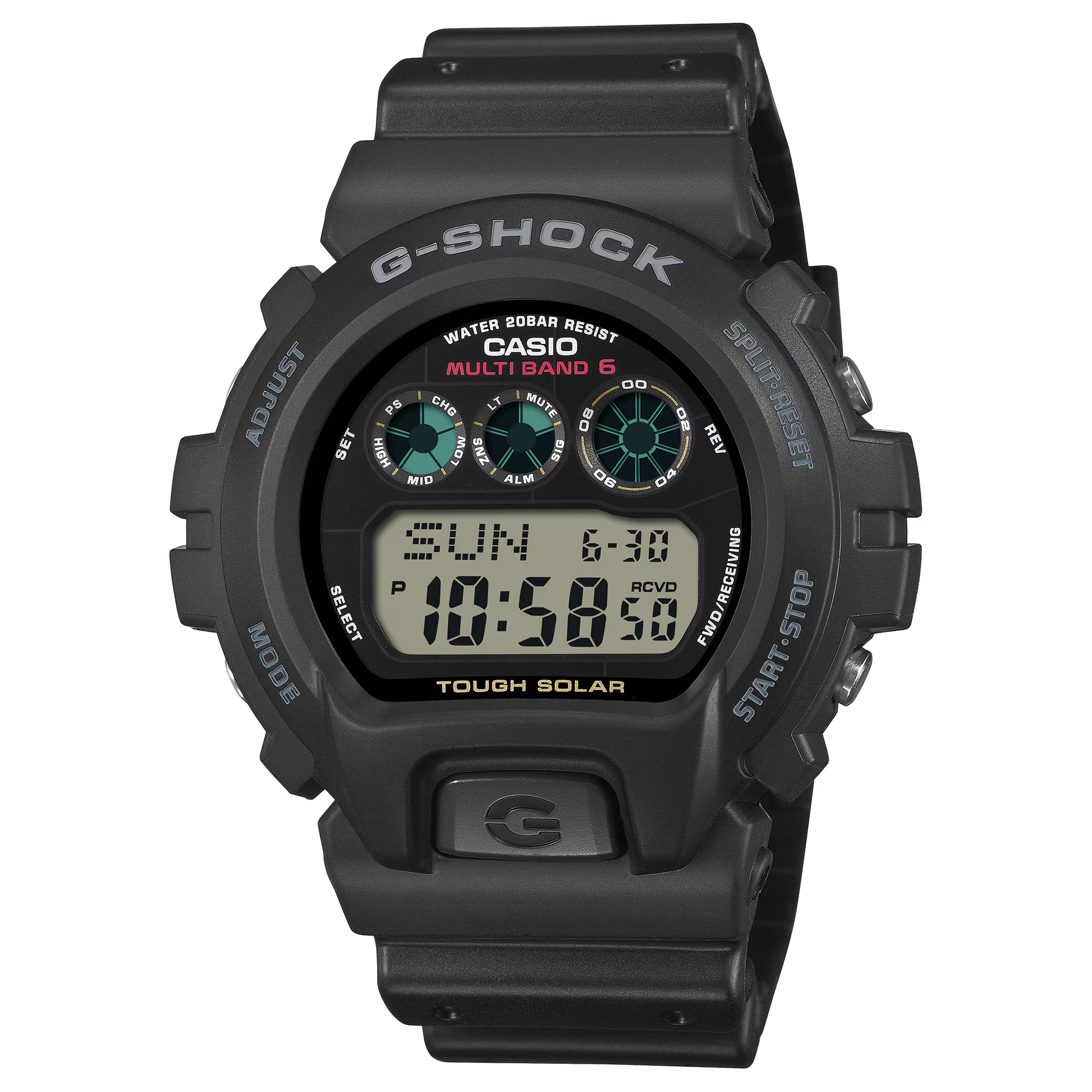 G-SHOCK GW6900U-1 6900 Series digital watch with black resin case and band, Tough Solar, Multi Band 6 radio-controlled timekeeping, and iconic round triple-graph design.