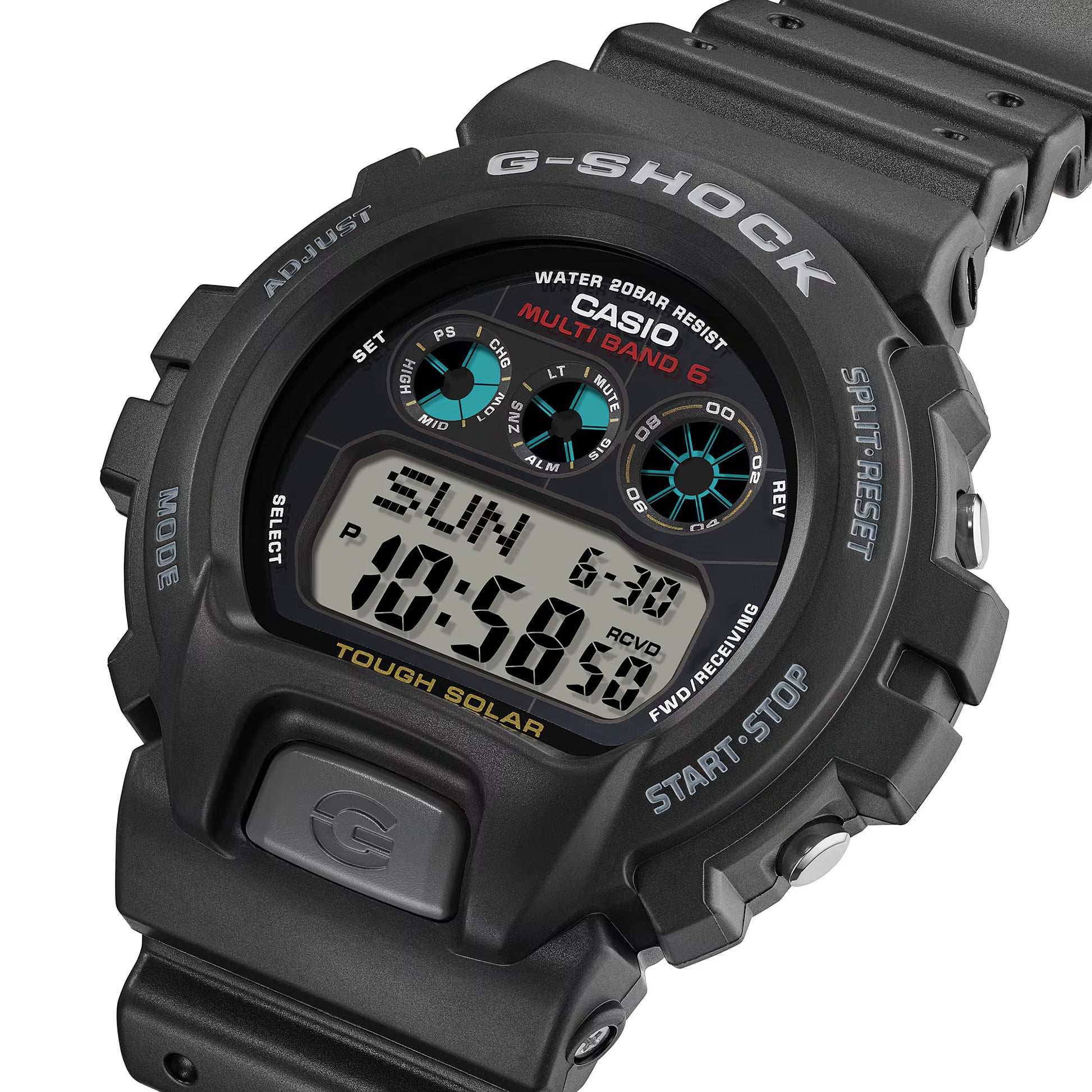 Black Casio G-Shock digital watch on a white background