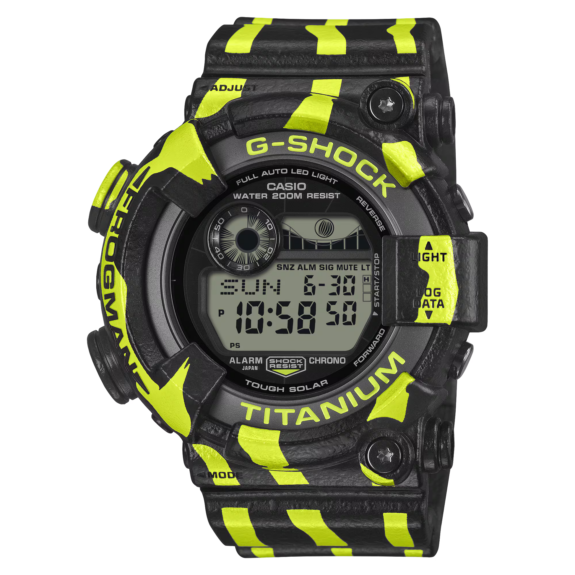 G-SHOCK FROGMAN GW8200TPF-1 professional dive watch with a black and fluorescent green design inspired by a poison dart frog, titanium case, ISO 200m water resistance, and Tough Solar power.