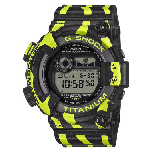 G-SHOCK FROGMAN GW8200TPF-1 professional dive watch with a black and fluorescent green design inspired by a poison dart frog, titanium case, ISO 200m water resistance, and Tough Solar power.