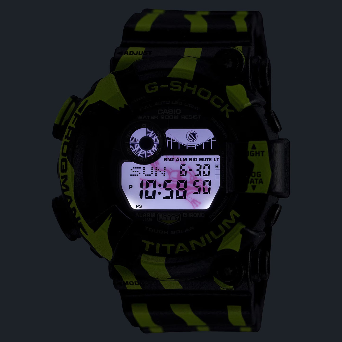 Digital watch with black and green camouflage pattern on a dark background