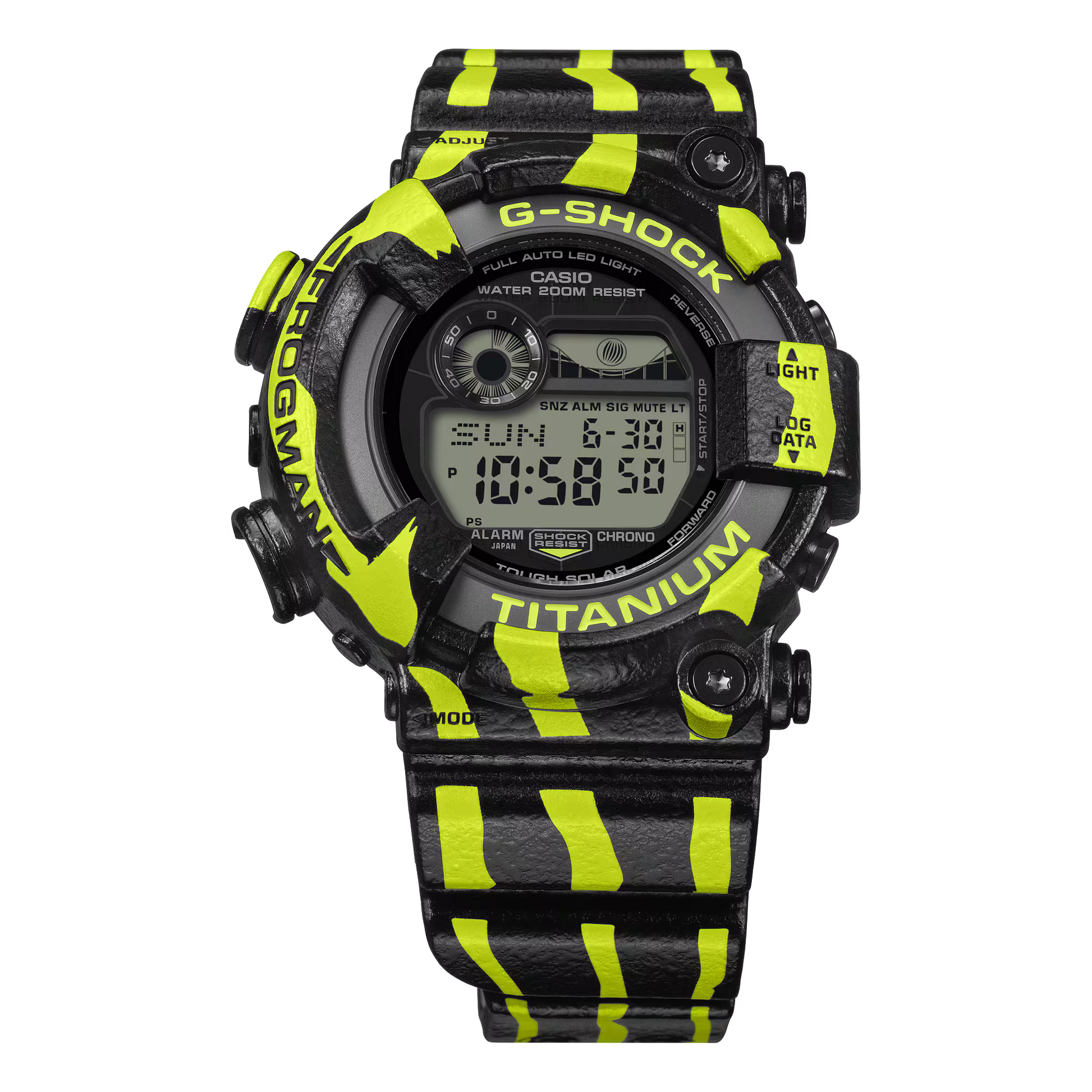 G-Shock digital watch with black and yellow striped band on a white background