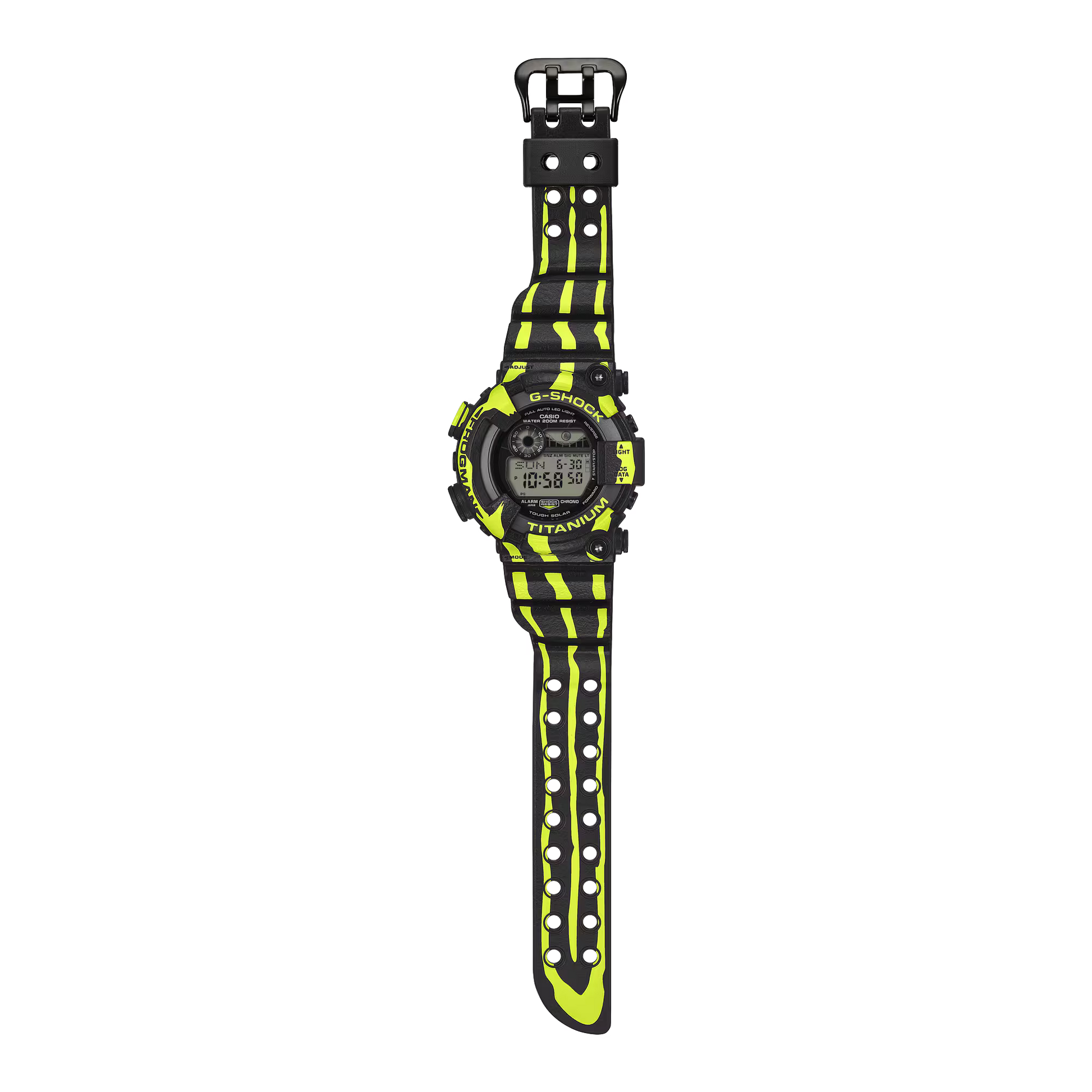 Digital watch with a black and yellow striped strap on a white background
