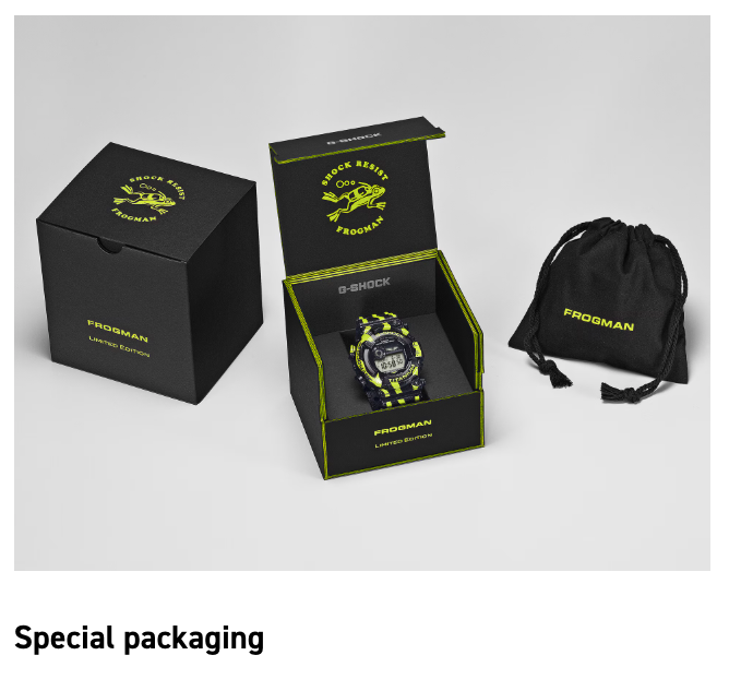 FroGMAN watch with open black packaging and drawstring bag on a light gray background