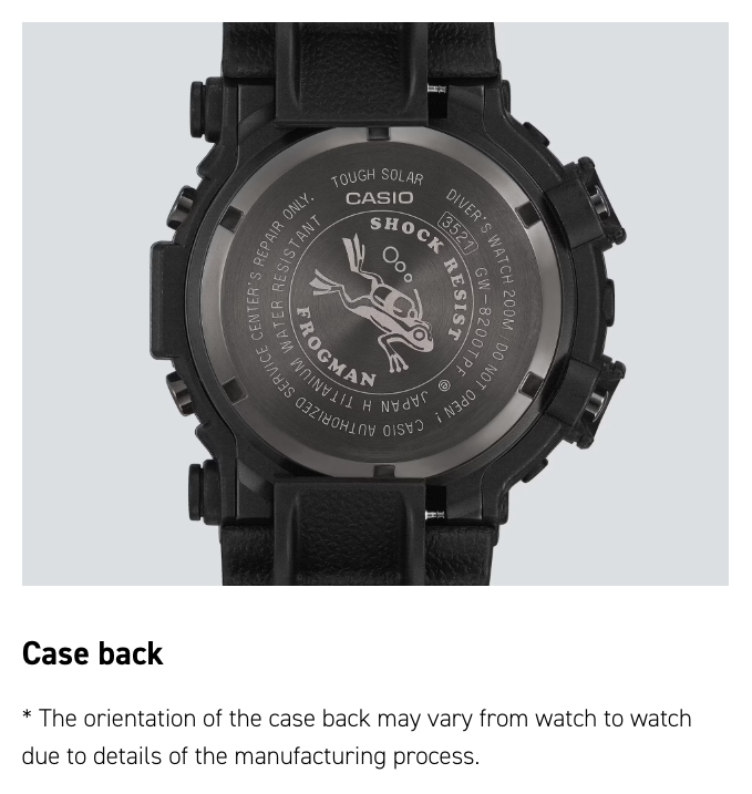 Back view of a Casio watch with branding and text on a light gray background