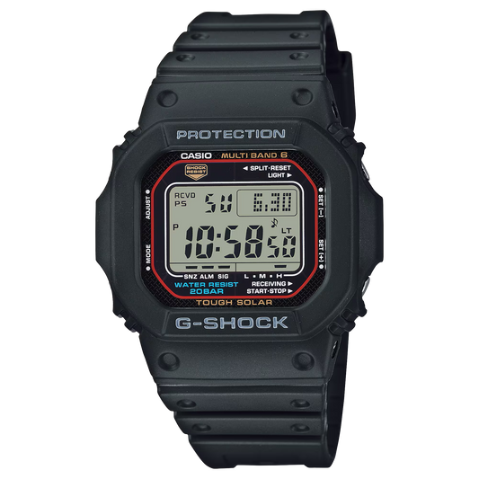 Casio G-Shock GWM5610-1 digital watch with a classic square design. Features solar power, Multi-Band 6 atomic timekeeping, 200m water resistance, shock resistance, and LED backlight.
