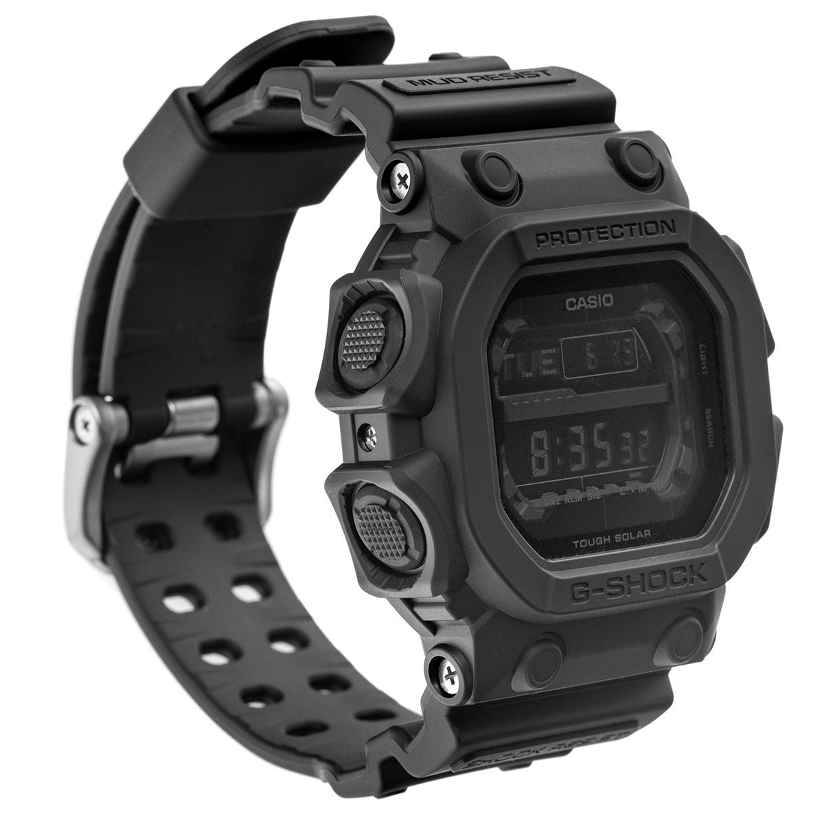 Black Casio G-Shock digital watch on a white background