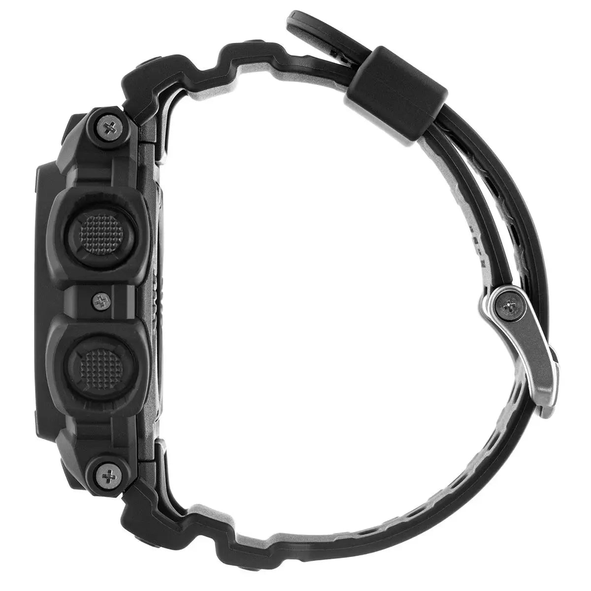 Black digital watch with a strap on a white background