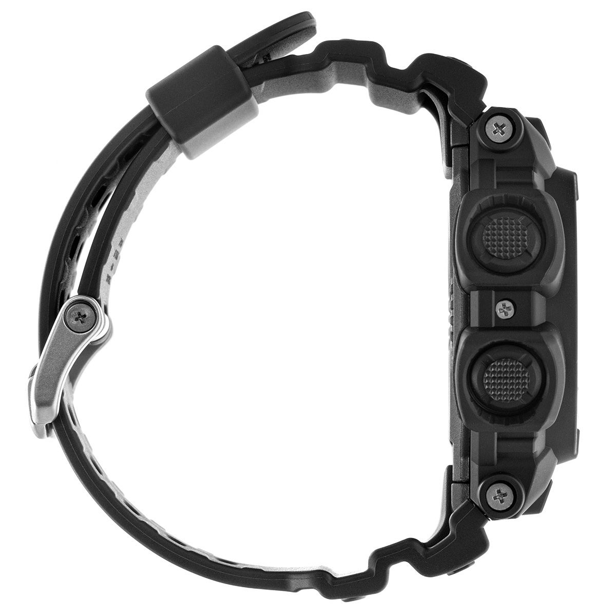 Black tactical watch with metal clasp on a white background