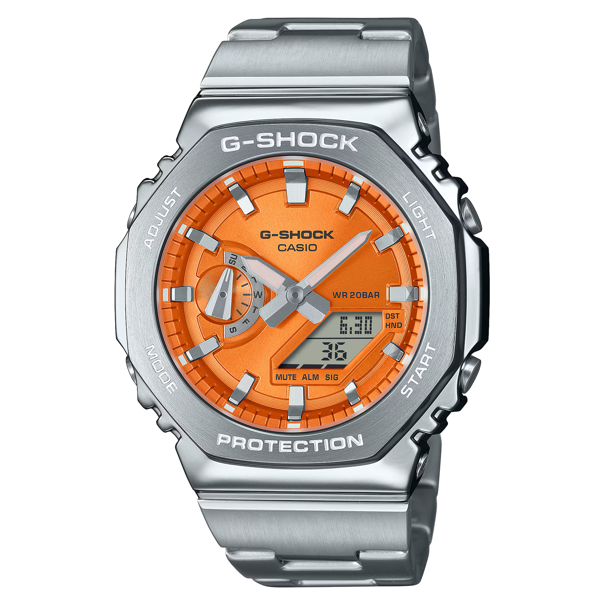 Casio G-STEEL GM2110D-4A, premium stainless-steel G-SHOCK with an octagonal bezel. Features a sunburst orange dial, shock resistance, 200m water resistance, dual LED Super Illuminator, and world time. Stylish and durable.