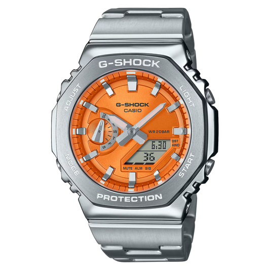 Casio G-STEEL GM2110D-4A, premium stainless-steel G-SHOCK with an octagonal bezel. Features a sunburst orange dial, shock resistance, 200m water resistance, dual LED Super Illuminator, and world time. Stylish and durable.