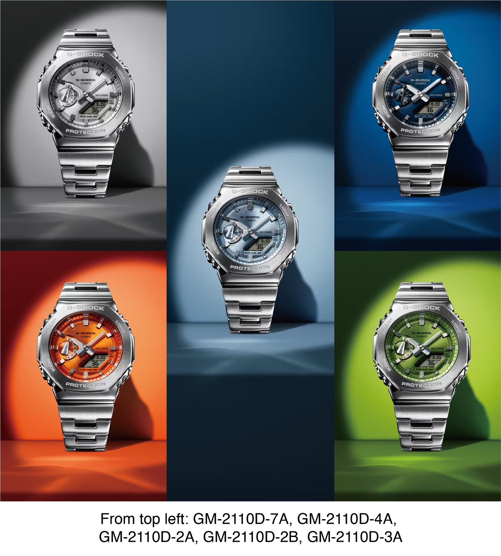 Casio G-STEEL GM2110D-4A, premium stainless-steel G-SHOCK with an octagonal bezel. Features a sunburst orange dial, shock resistance, 200m water resistance, dual LED Super Illuminator, and world time. Stylish and durable.