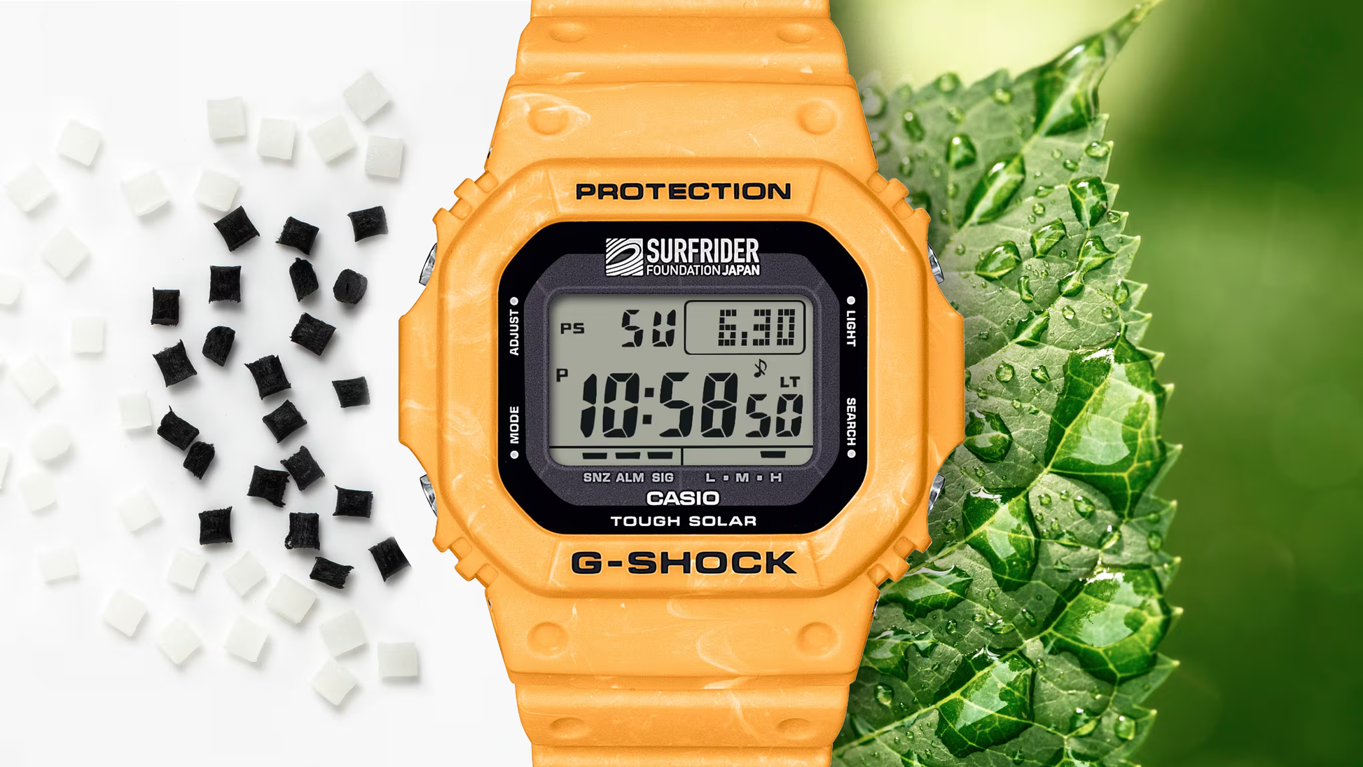 Casio G-SHOCK 5600 Series G5600SFJ-9 – Surfrider Foundation Japan collab in sunrise yellow-beige, bio-based resin, Tough Solar, 200m water resistance, and eco-friendly design.