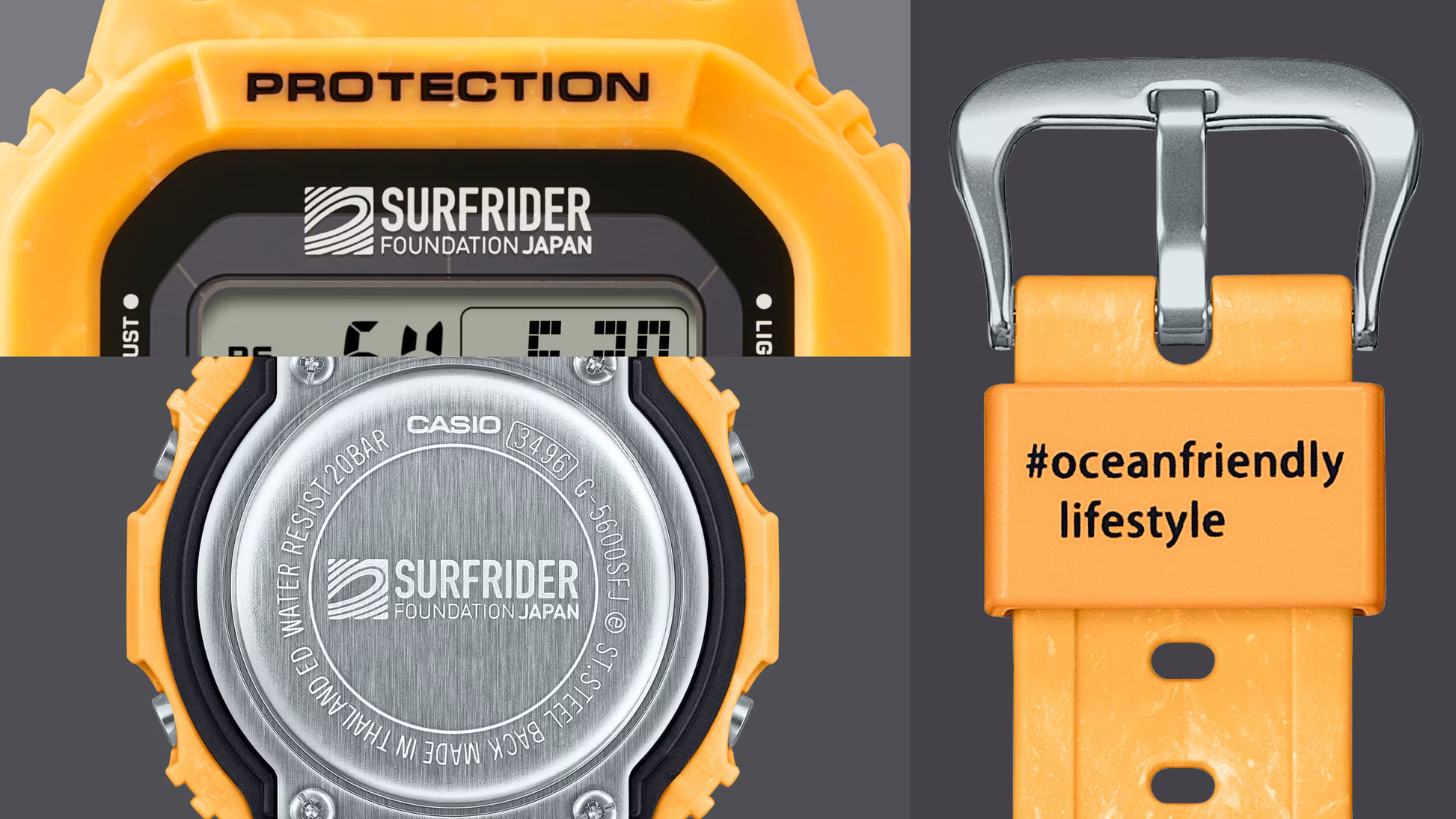 Casio G-SHOCK 5600 Series G5600SFJ-9 – Surfrider Foundation Japan collab in sunrise yellow-beige, bio-based resin, Tough Solar, 200m water resistance, and eco-friendly design.