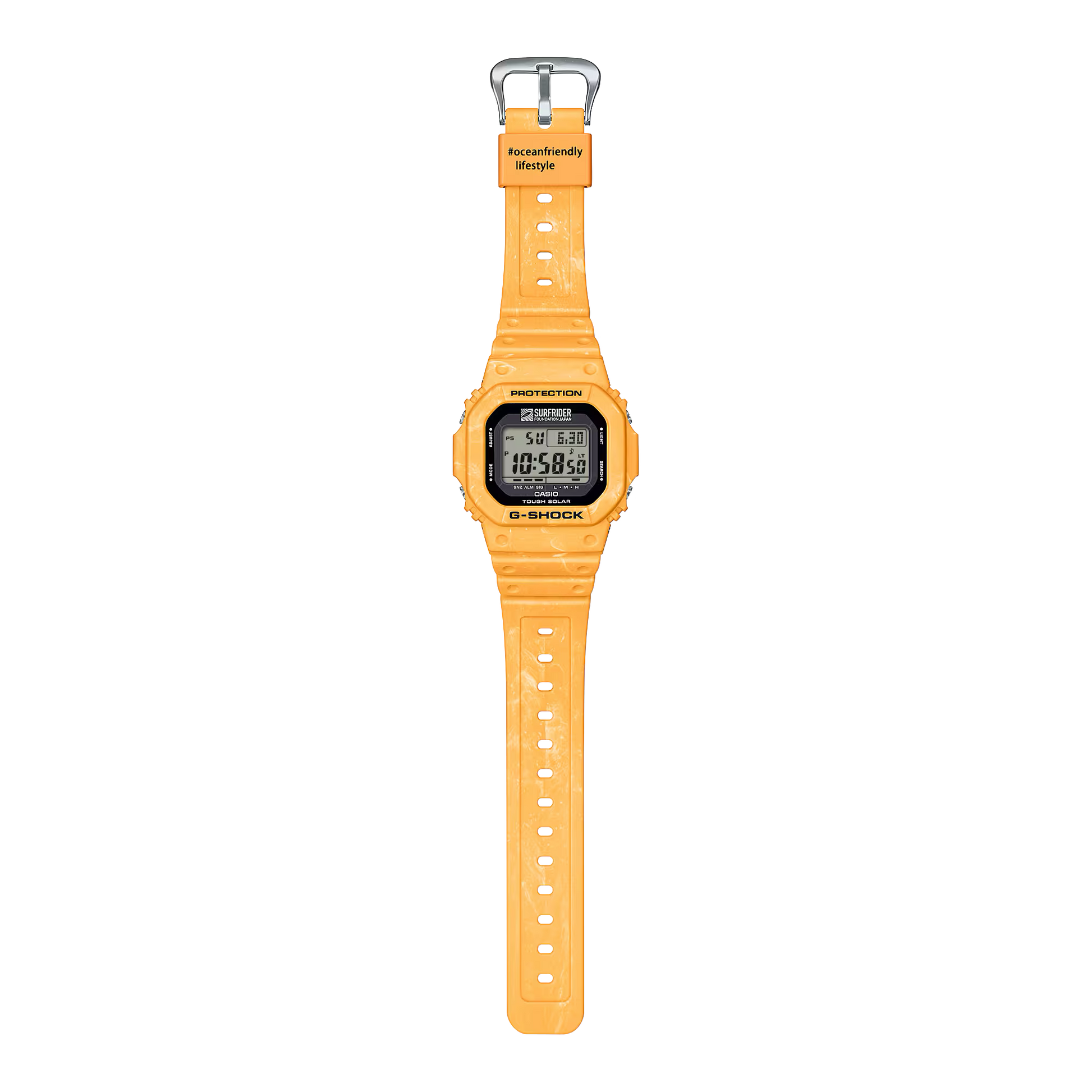 Casio G-SHOCK 5600 Series G5600SFJ-9 – Surfrider Foundation Japan collab in sunrise yellow-beige, bio-based resin, Tough Solar, 200m water resistance, and eco-friendly design.