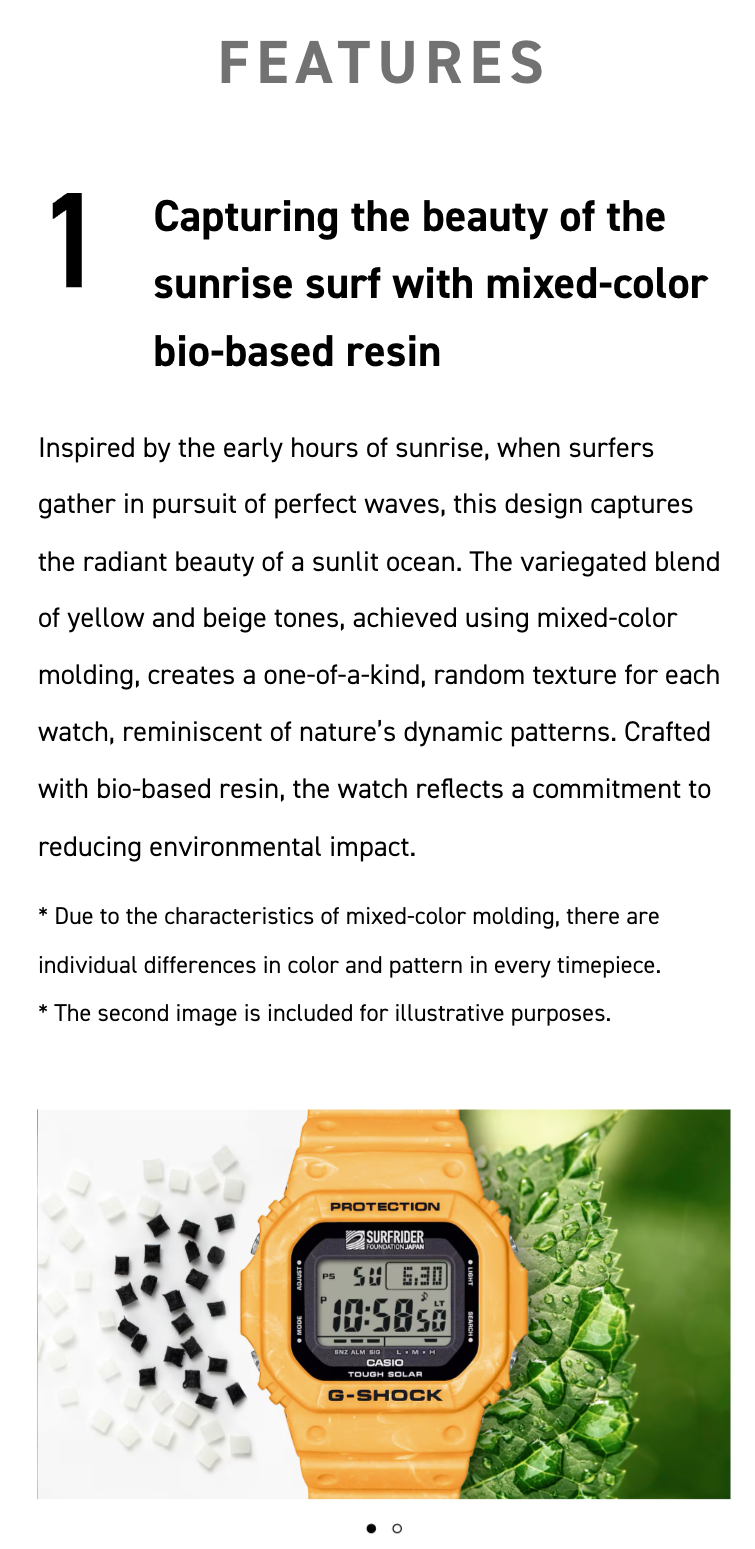 Casio G-SHOCK 5600 Series G5600SFJ-9 – Surfrider Foundation Japan collab in sunrise yellow-beige, bio-based resin, Tough Solar, 200m water resistance, and eco-friendly design.