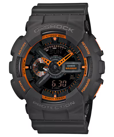 G-SHOCK GA110TS-1A4 analog-digital watch with a dark gray resin case, neon orange accents, oversized GA-110 dial, shock-resistant and magnetic-resistant design.
