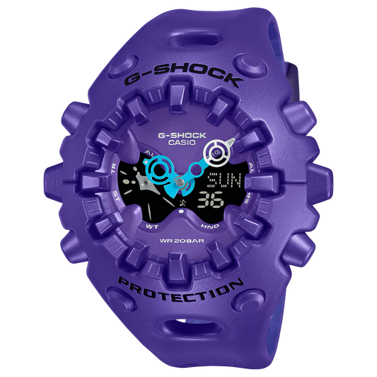 Casio G-SHOCK GA-V01 Series GAV01-2A in vivid purple – futuristic sculpted case, metallic dial accents, Shock Release Hand technology, 200m water resistance, and 10-year battery life.
