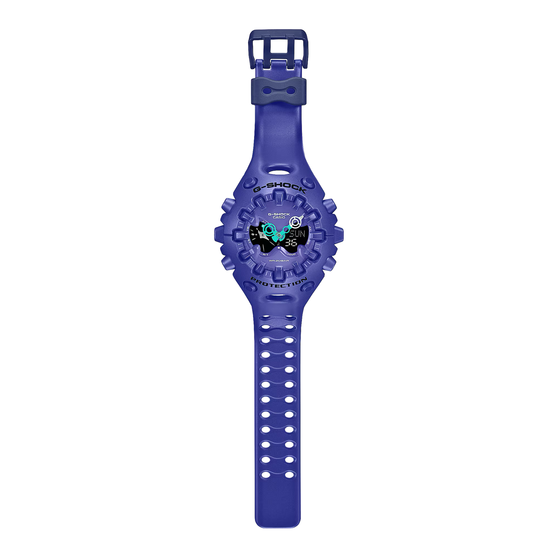Casio G-SHOCK GA-V01 Series GAV01-2A in vivid purple – futuristic sculpted case, metallic dial accents, Shock Release Hand technology, 200m water resistance, and 10-year battery life.