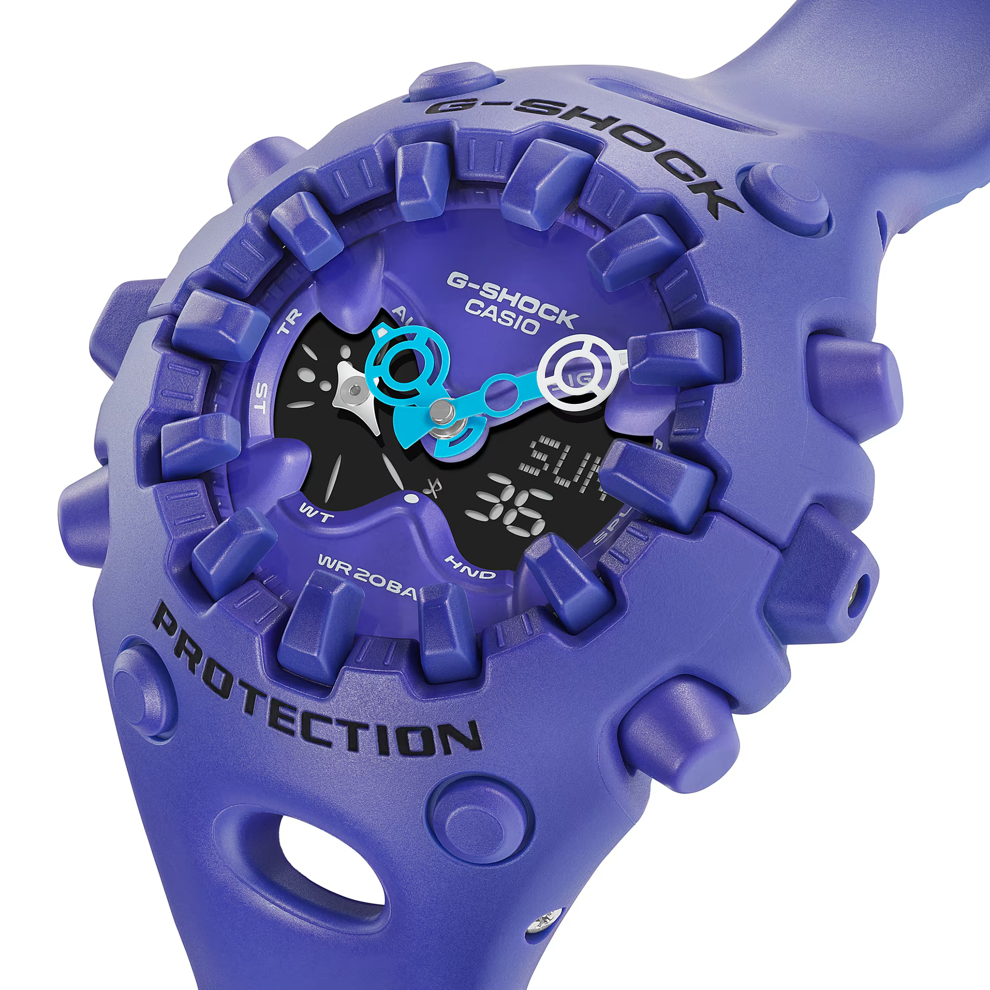 Casio G-SHOCK GA-V01 Series GAV01-2A in vivid purple – futuristic sculpted case, metallic dial accents, Shock Release Hand technology, 200m water resistance, and 10-year battery life.