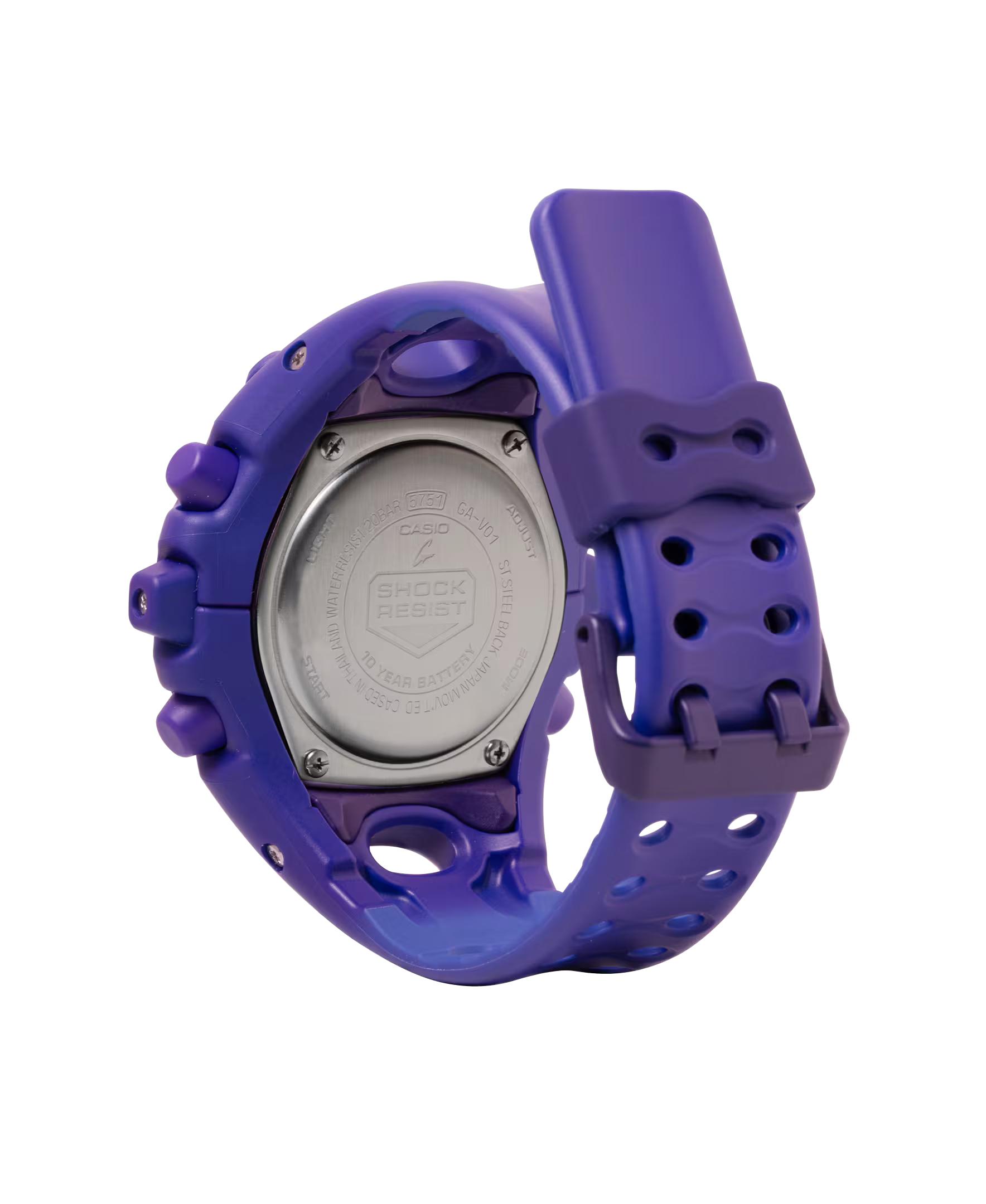 Casio G-SHOCK GA-V01 Series GAV01-2A in vivid purple – futuristic sculpted case, metallic dial accents, Shock Release Hand technology, 200m water resistance, and 10-year battery life.