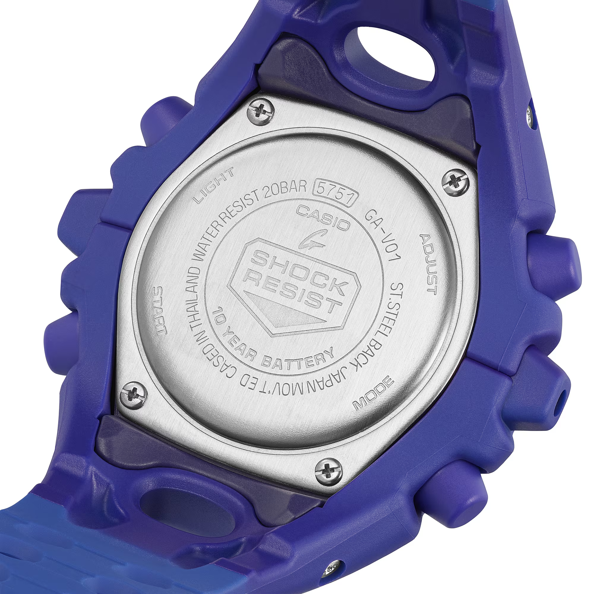 Casio G-SHOCK GA-V01 Series GAV01-2A in vivid purple – futuristic sculpted case, metallic dial accents, Shock Release Hand technology, 200m water resistance, and 10-year battery life.