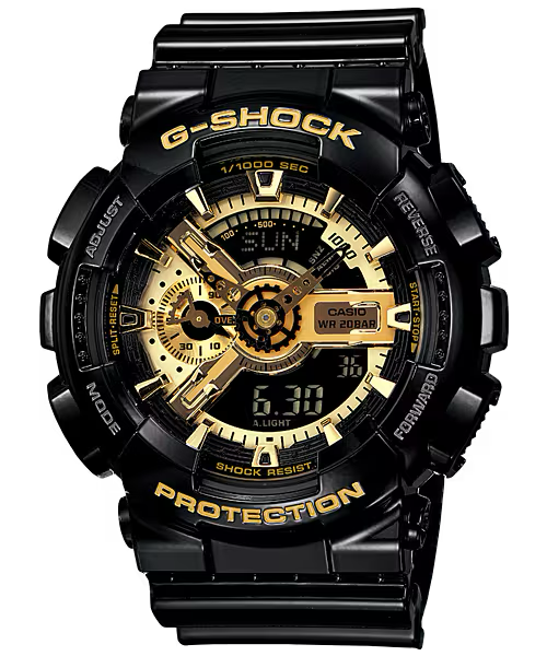 Casio G-SHOCK GA-110 Series GA110GB-1A – glossy black-and-gold design with 3D dial, speedometer function, magnetic resistance, shock resistance, and 200m water resistance.