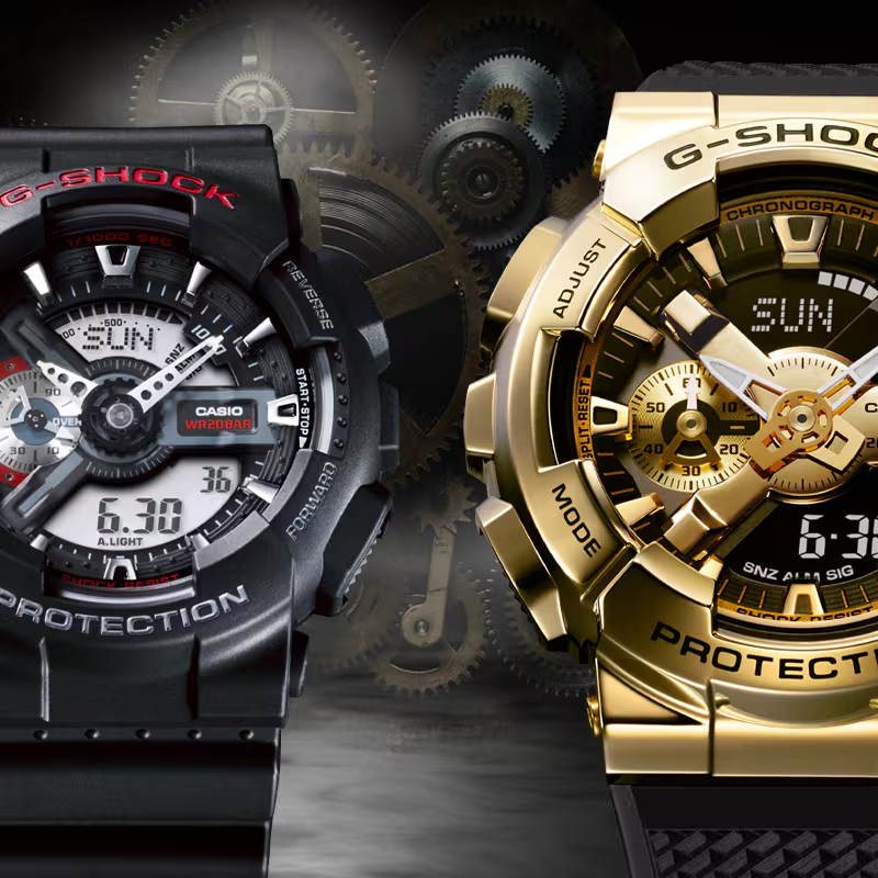Casio G-SHOCK GA-110 Series GA110GB-1A – glossy black-and-gold design with 3D dial, speedometer function, magnetic resistance, shock resistance, and 200m water resistance.