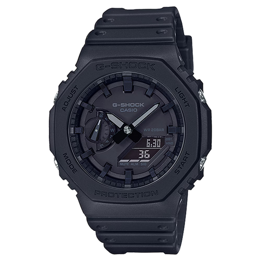 Casio G-SHOCK GA-2100 Series GA2100-1A1 – iconic all-black ‘CasiOak’ with slim 11.8mm case, Carbon Core Guard structure, dual LED lights, and 200m water resistance.