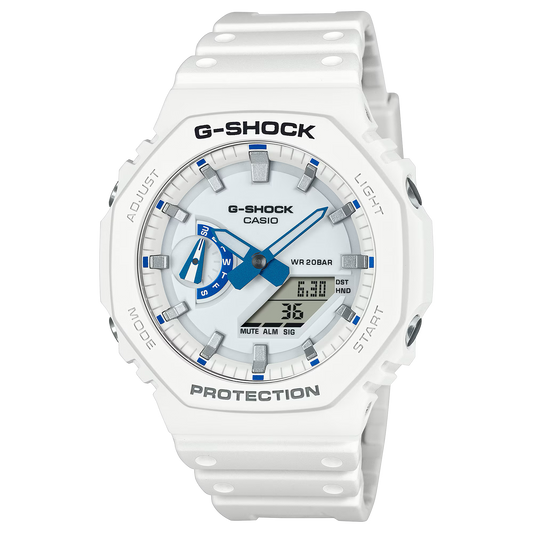 Casio G-SHOCK 2100 Series GA2100HDS-7A – white and blue ‘CasiOak’ design with phosphorescent dial, Carbon Core Guard structure, 200m water resistance, and summer-sea inspiration.