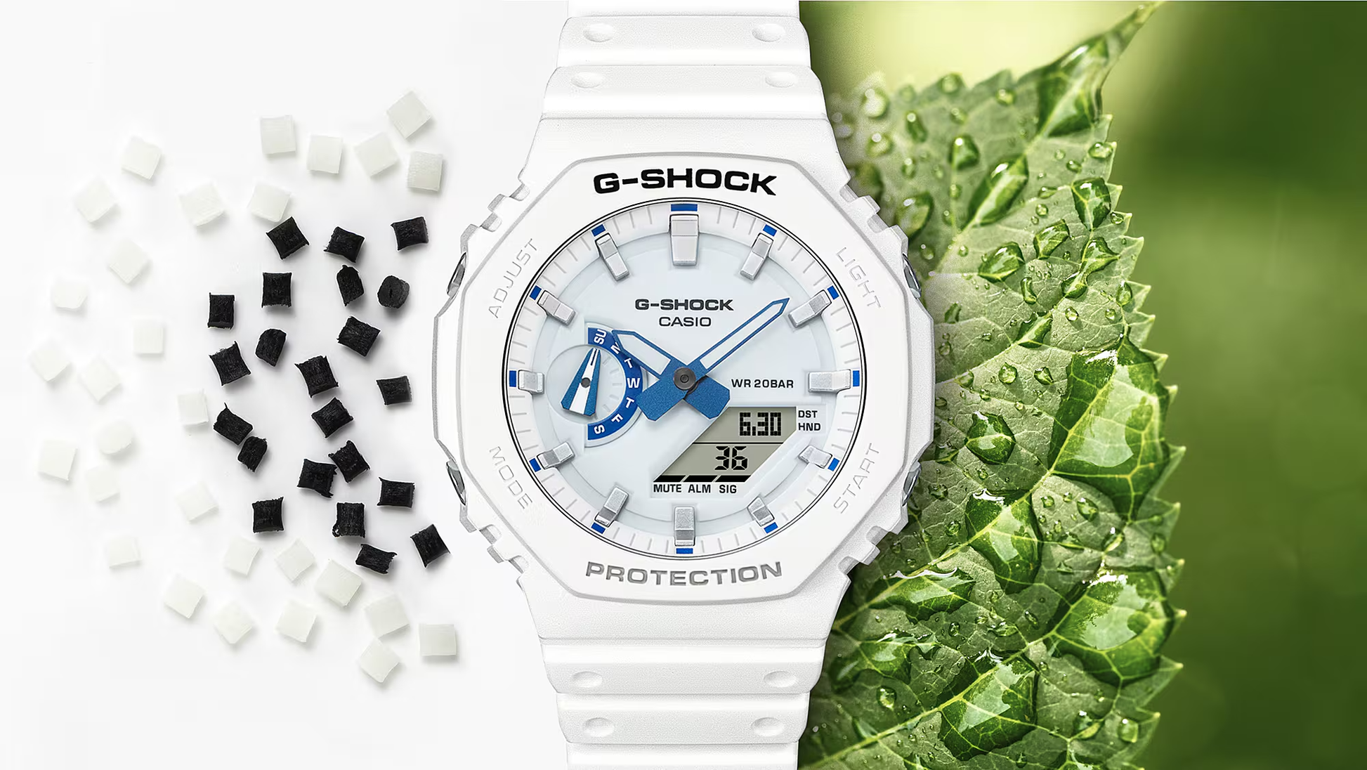 Casio G-SHOCK 2100 Series GA2100HDS-7A – white and blue ‘CasiOak’ design with phosphorescent dial, Carbon Core Guard structure, 200m water resistance, and summer-sea inspiration.