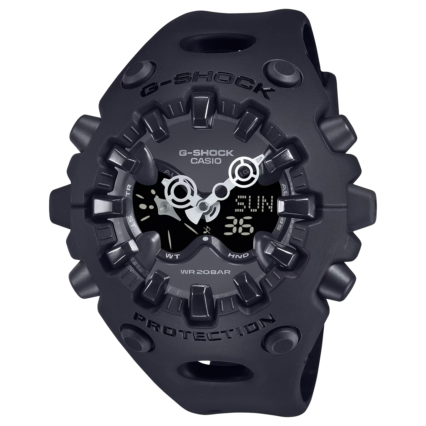 Casio G-SHOCK GA-V01 Series GAV01-1A in all-black – stealthy sculpted case, metallic dial, Shock Release Hand tech, 200m water resistance, and 10-year battery life.