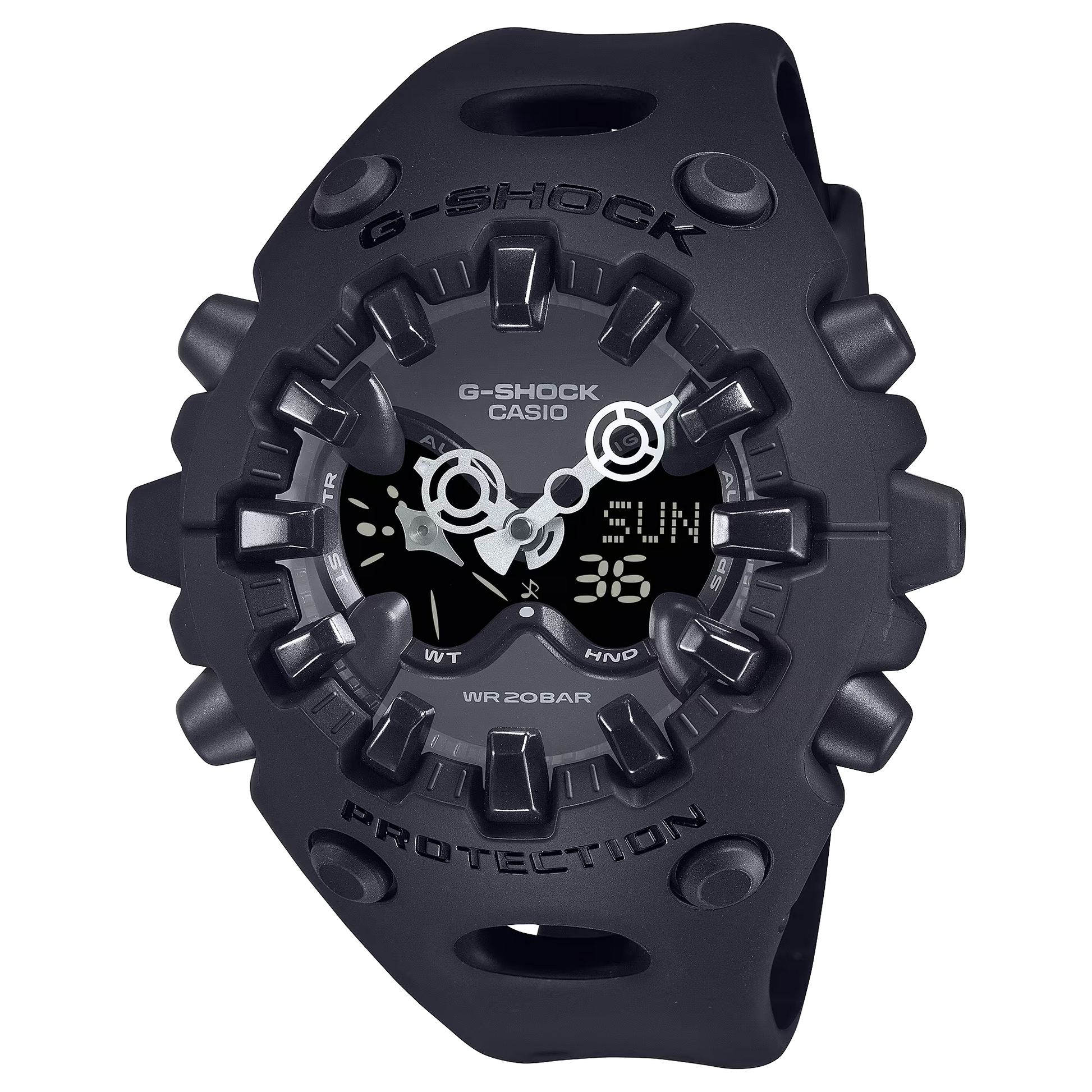 Casio G-SHOCK GA-V01 Series GAV01-1A in all-black – stealthy sculpted case, metallic dial, Shock Release Hand tech, 200m water resistance, and 10-year battery life.