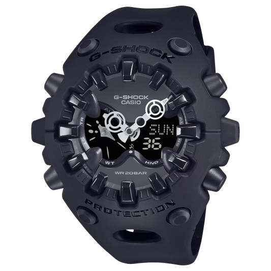 Casio G-SHOCK GA-V01 Series GAV01-1A in all-black – stealthy sculpted case, metallic dial, Shock Release Hand tech, 200m water resistance, and 10-year battery life.