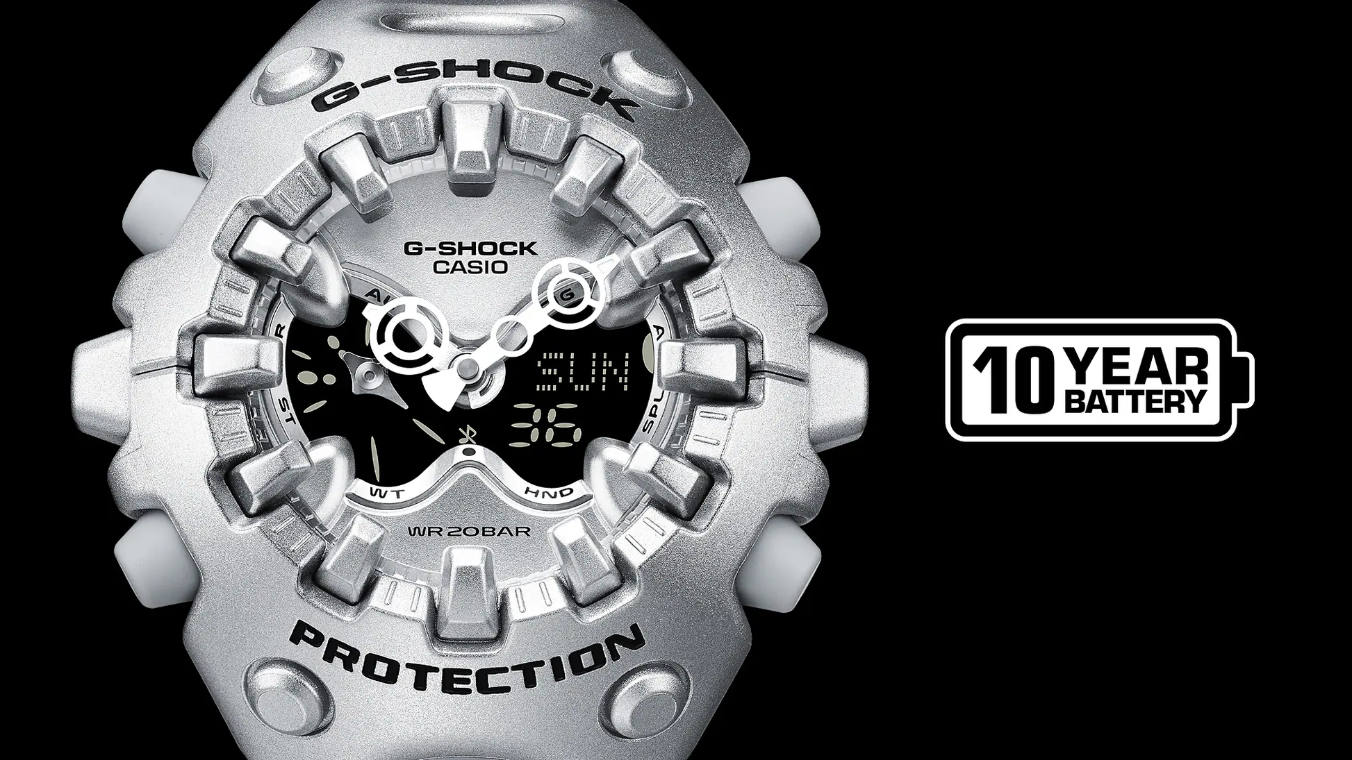 Casio G-SHOCK GA-V01 Series GAV01-1A in all-black – stealthy sculpted case, metallic dial, Shock Release Hand tech, 200m water resistance, and 10-year battery life.