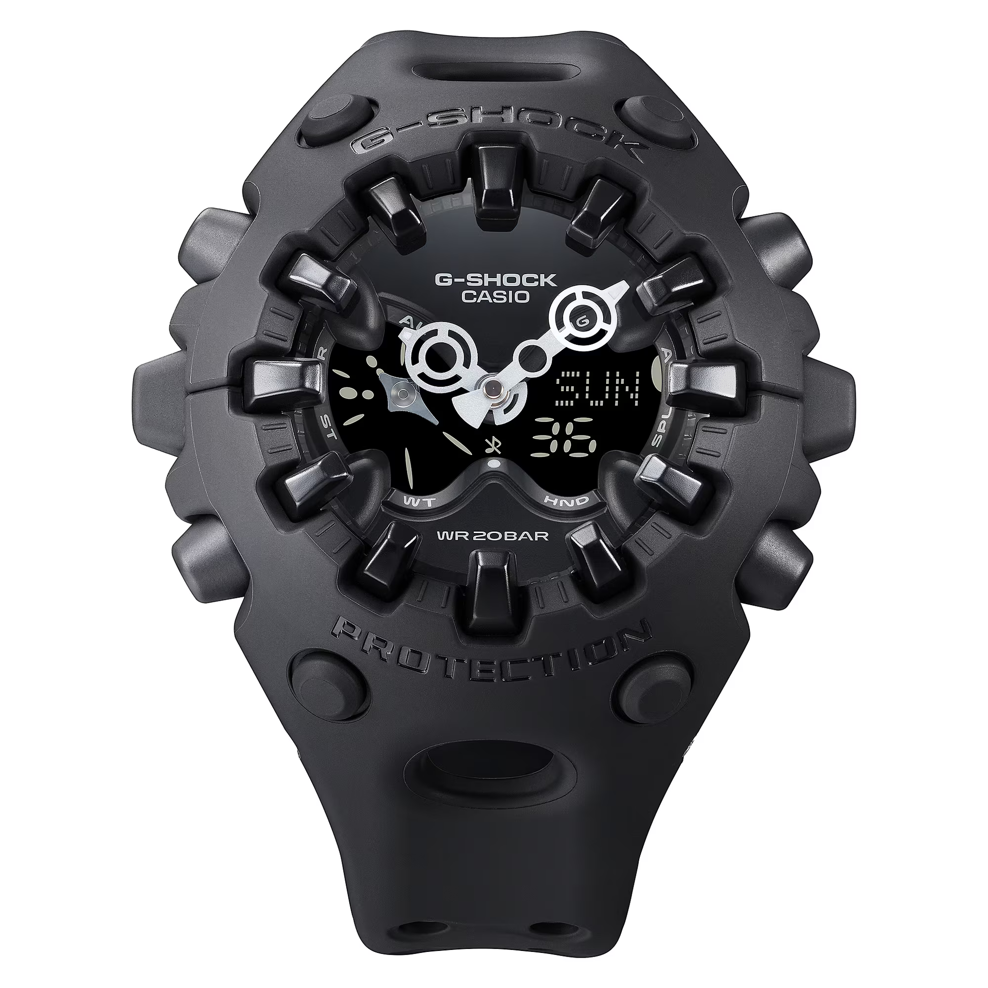 Casio G-SHOCK GA-V01 Series GAV01-1A in all-black – stealthy sculpted case, metallic dial, Shock Release Hand tech, 200m water resistance, and 10-year battery life.