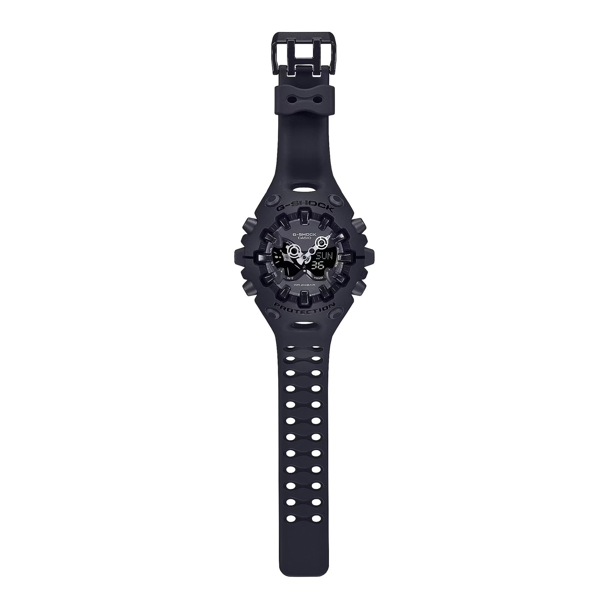 Casio G-SHOCK GA-V01 Series GAV01-1A in all-black – stealthy sculpted case, metallic dial, Shock Release Hand tech, 200m water resistance, and 10-year battery life.
