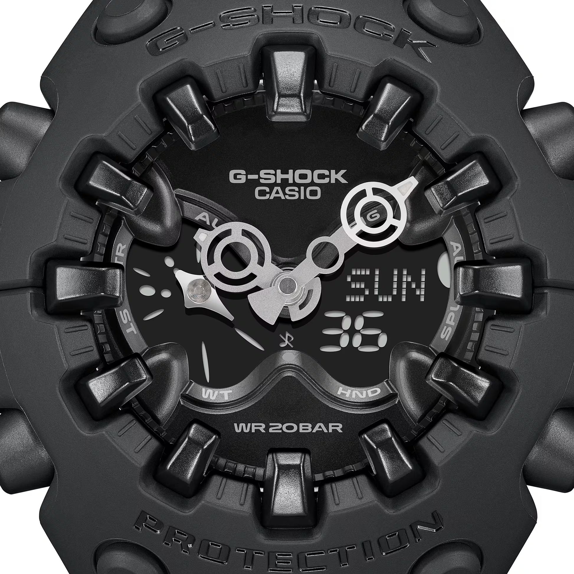 Casio G-SHOCK GA-V01 Series GAV01-1A in all-black – stealthy sculpted case, metallic dial, Shock Release Hand tech, 200m water resistance, and 10-year battery life.