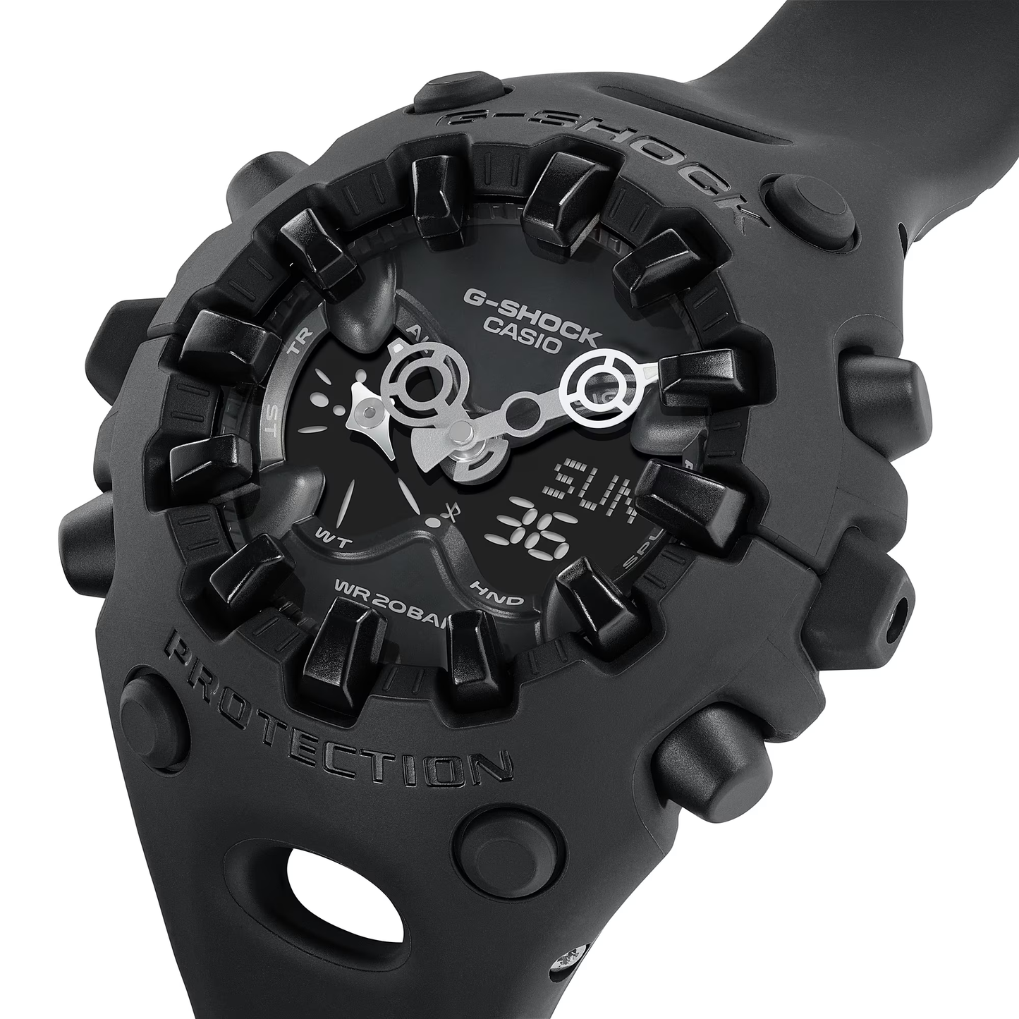 Casio G-SHOCK GA-V01 Series GAV01-1A in all-black – stealthy sculpted case, metallic dial, Shock Release Hand tech, 200m water resistance, and 10-year battery life.