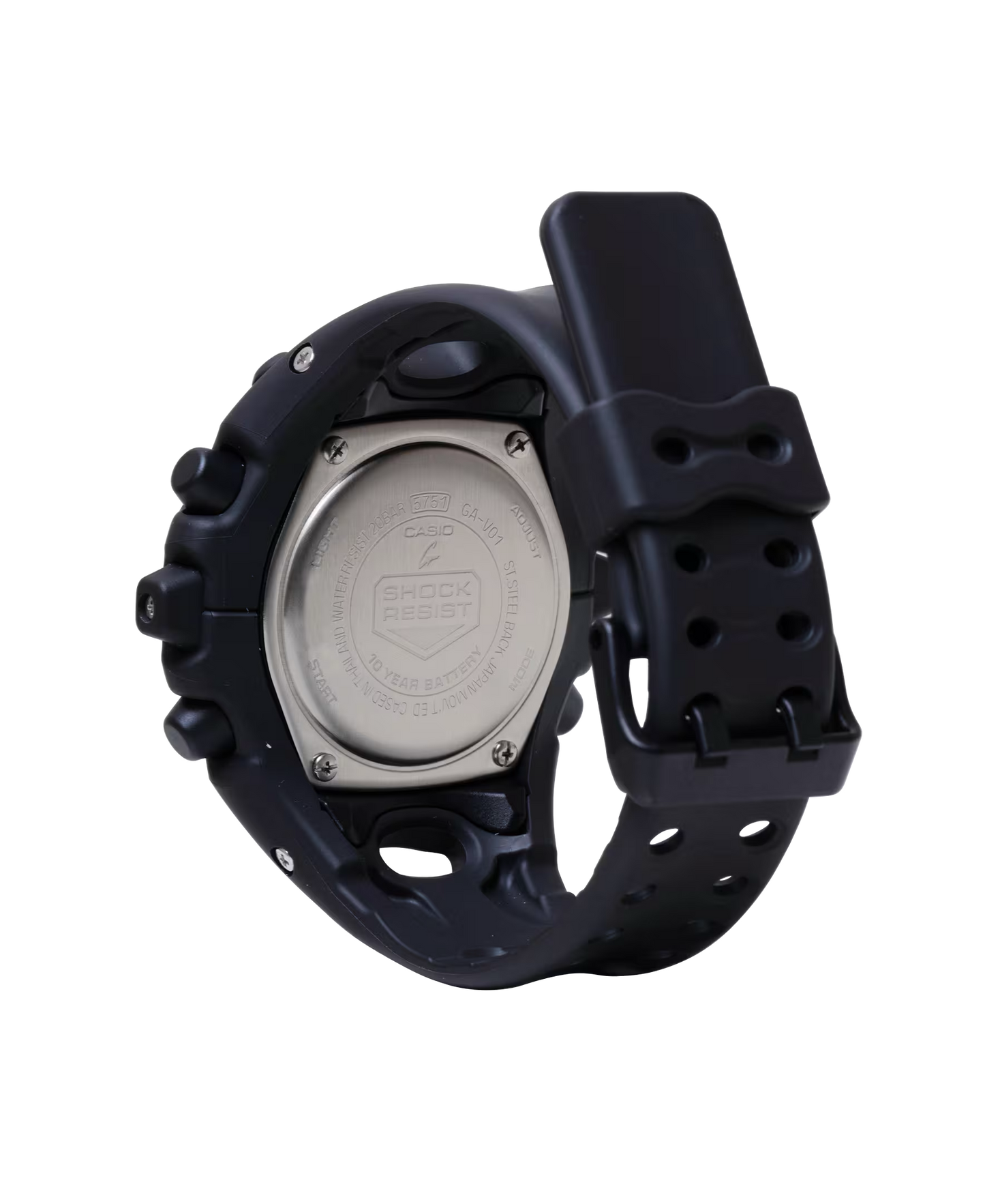 Casio G-SHOCK GA-V01 Series GAV01-1A in all-black – stealthy sculpted case, metallic dial, Shock Release Hand tech, 200m water resistance, and 10-year battery life.